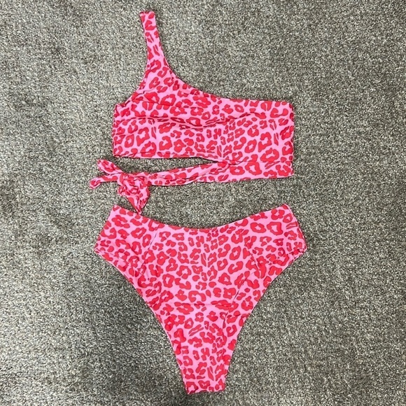 Pink Leopard One Shoulder High Waisted Bikini Tie High Cut Two Piece Swimsuits L - Picture 3 of 12